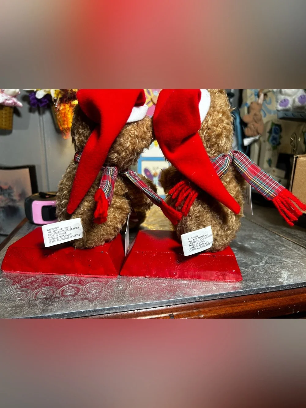 Vintage 1997 Plush Teddy Bear Christmas Stocking Hangers (set of 2)